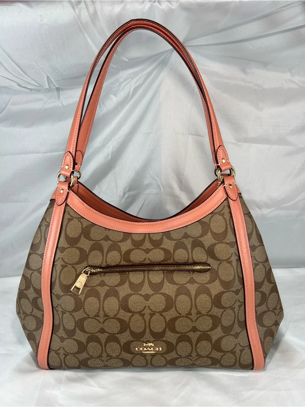 COACH C6232 Kristy Shoulder Bag In Signature Canvas Khaki Coral Pink EUC
